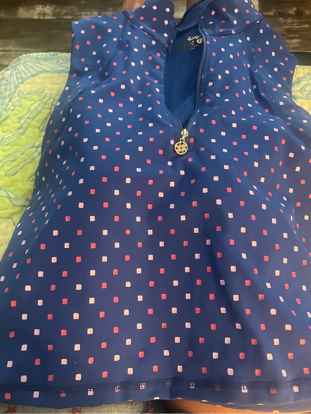 Lilly Pulitzer Navy Sleeveless Tank with Pink Square Print and Gold Zip Pull